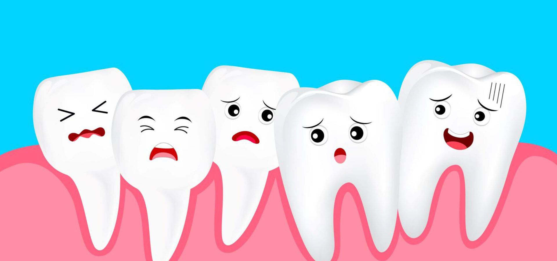 Cartoon of misaligned unhappy teeth causing dental drifting.