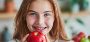 Teenager with braces eating an apple, demonstrating braces-friendly food choices.