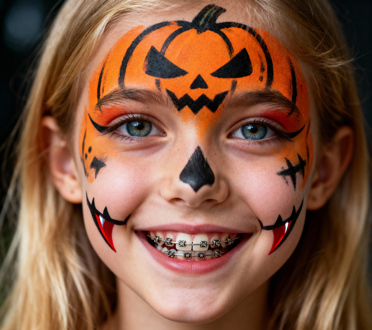 Happy Girl With Halloween Pumpkin Face Paint, Braces
