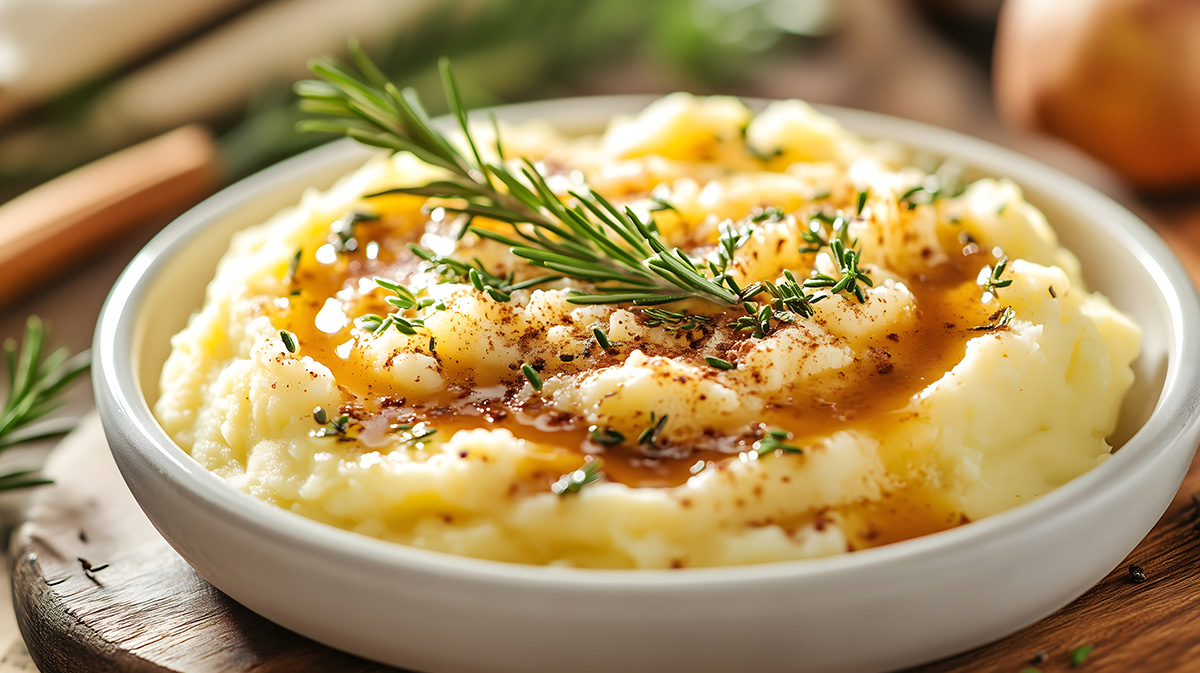 Delicious close-up of creamy mashed potatoes with gravy and herb
