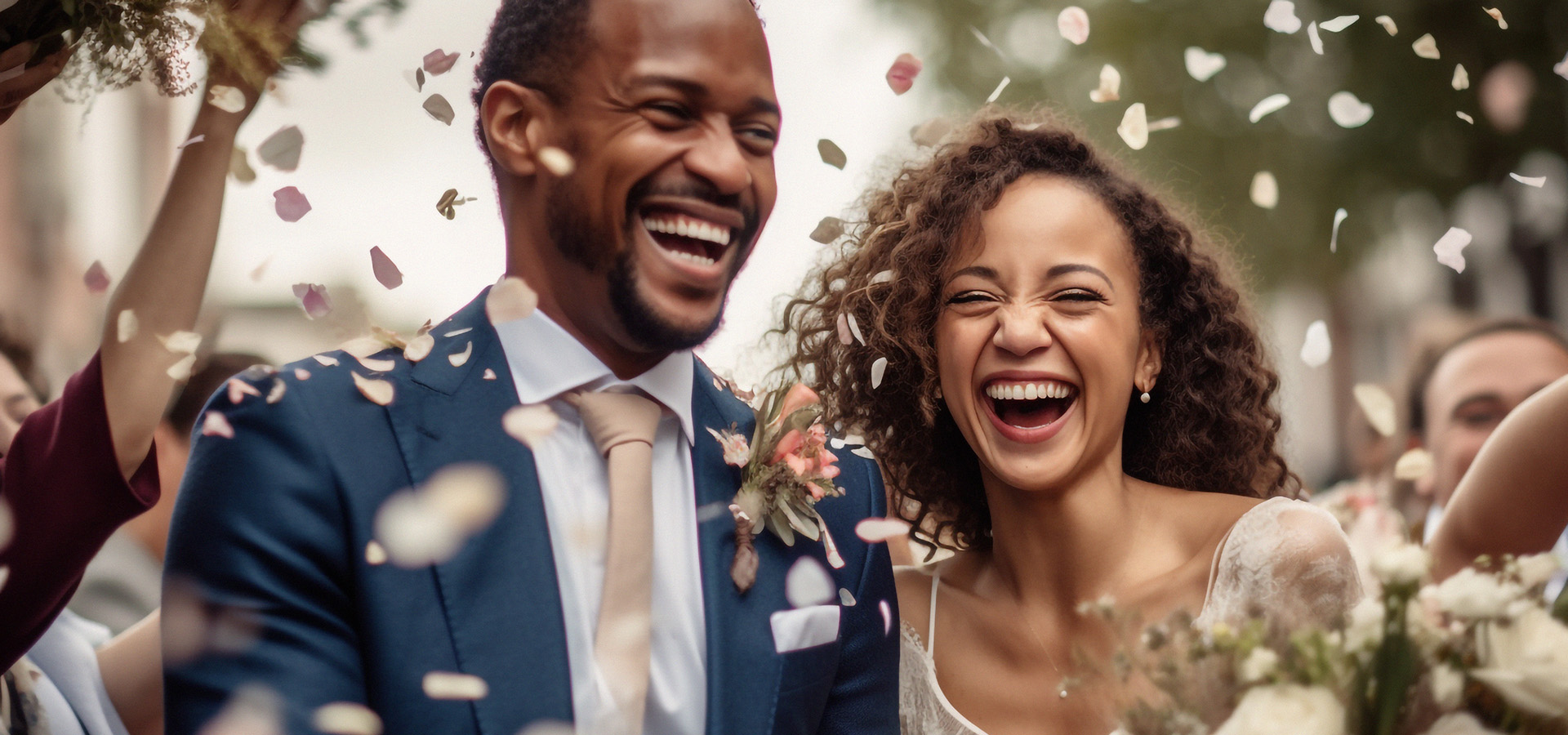 Happy couple just married with beautiful smiles.