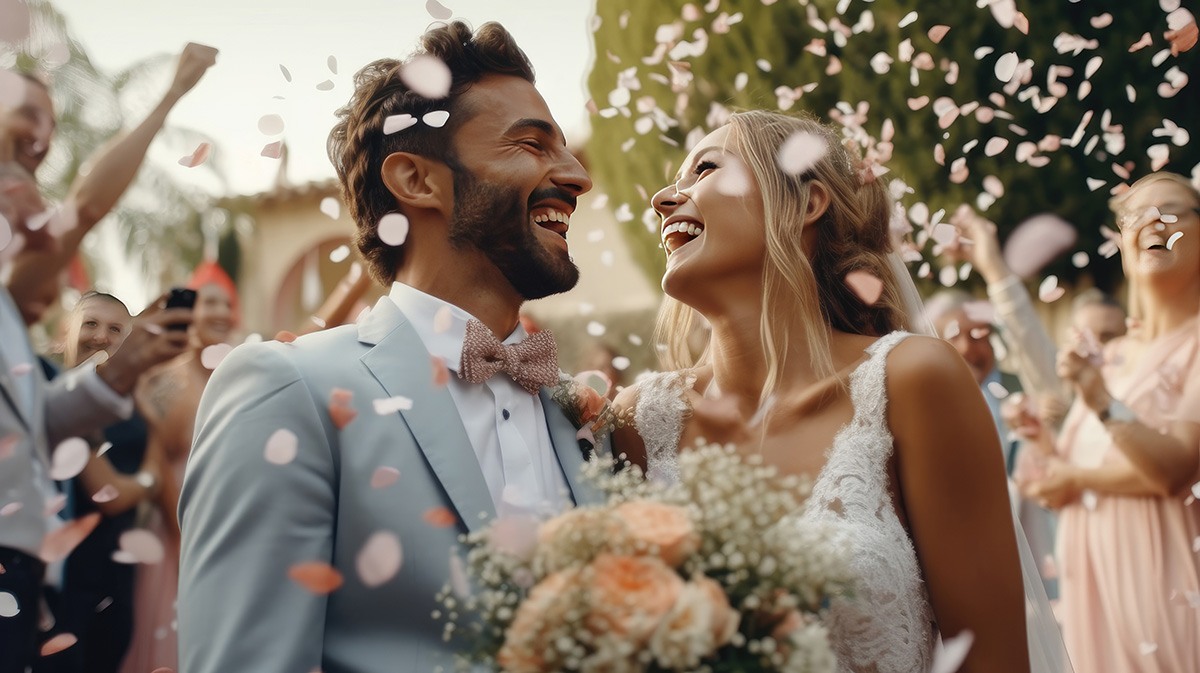 Happy bride at wedding ceremony and people sprinkling flower petals